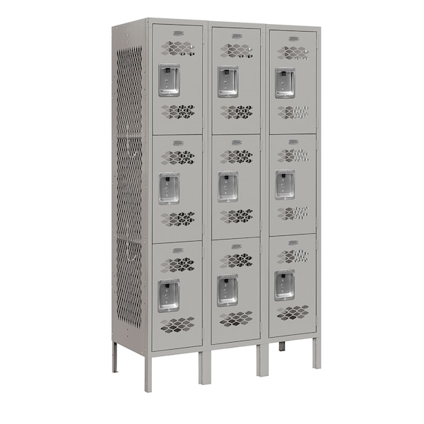 3 Tier Vented Locker, 36"Wx66"Hx15"D, 9 Door, Gray, Unassembled